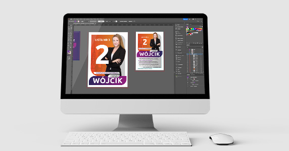Komputer z programem graficznym w trakcie projektowania materiałów wyborczych
