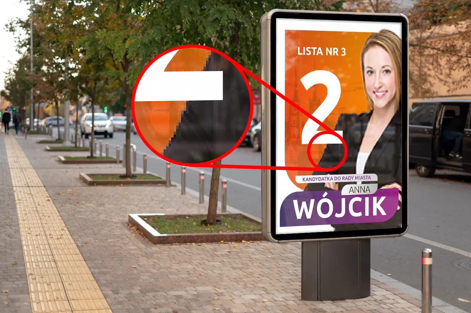 Źle zaprojektowany plakat wyborczy na nośniku typu citylight