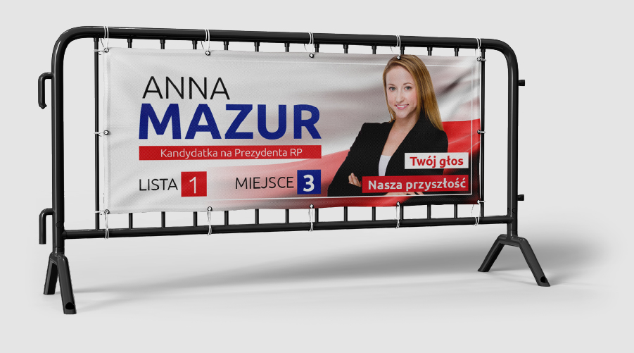 Baner-Wyborczy-main-Wybory-Prezydenckie-2025 Banery wyborcze oczkowane można łatwo zawiesić na różnego rodzaju ogrodzeniach.